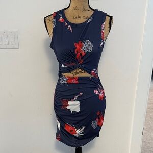 Floral Twist-Front Dress - Navy and Red